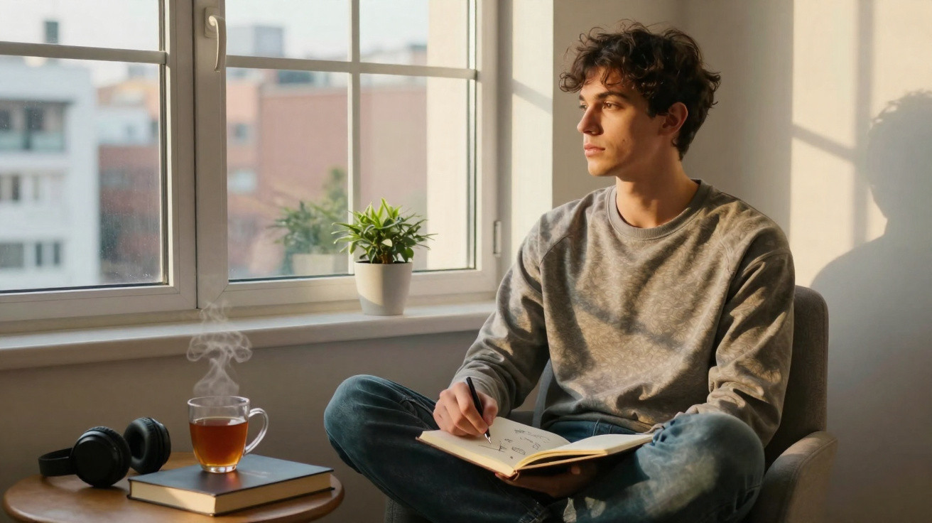 Jovem sentado perto da janela escrevendo em caderno, com chá, headphone e planta ao lado.