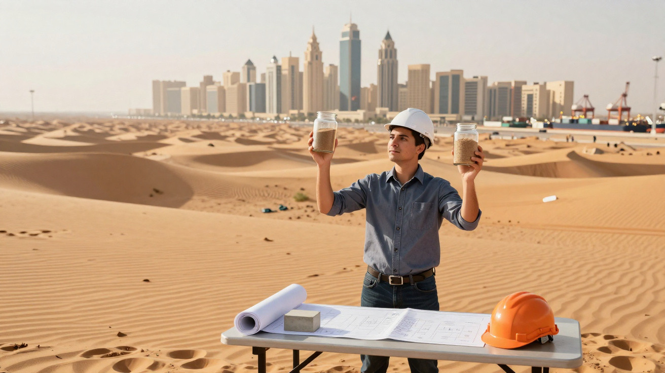 Engenheiro em capacete segurando potes de areia no deserto com projeto na mesa e cidade distante ao fundo.