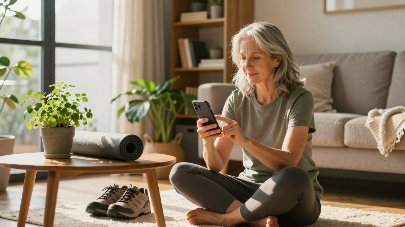 Mulher madura sentada no chão da sala olhando para celular, próximo a tapete, tênis e tapete de yoga.