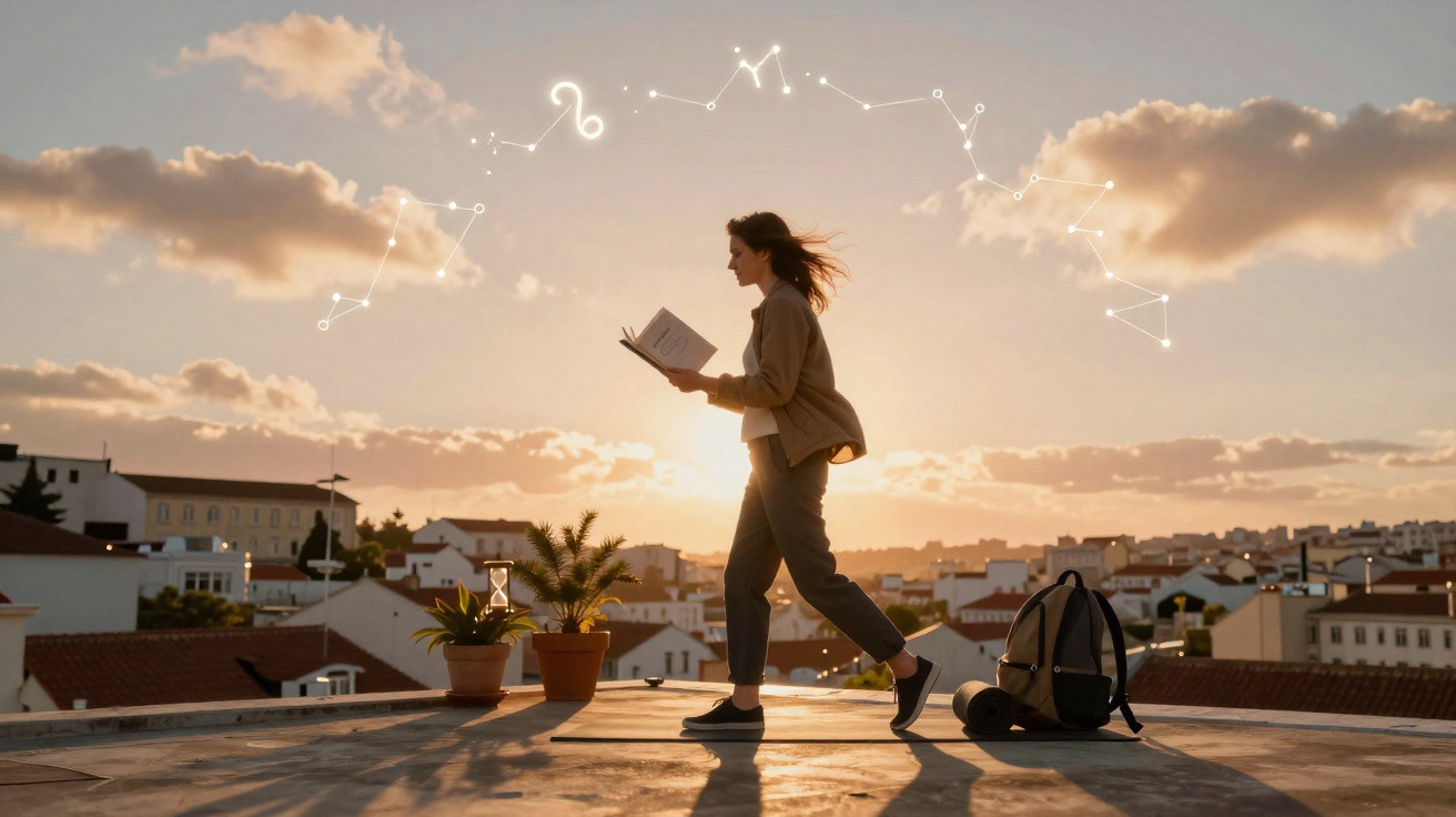 Mulher lendo livro ao ar livre ao pôr do sol com constelações e pêndulo de areia ao redor.