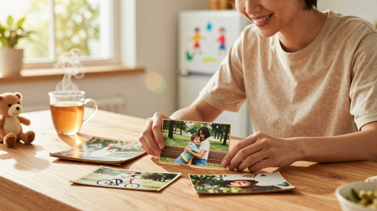 Pessoa sorridente segurando foto de mãe e filho, com outras fotos, chá e ursinho em mesa de madeira.