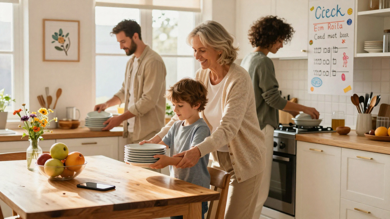 Família preparando a mesa na cozinha iluminada, com criança, mulher idosa e dois adultos organizando pratos.