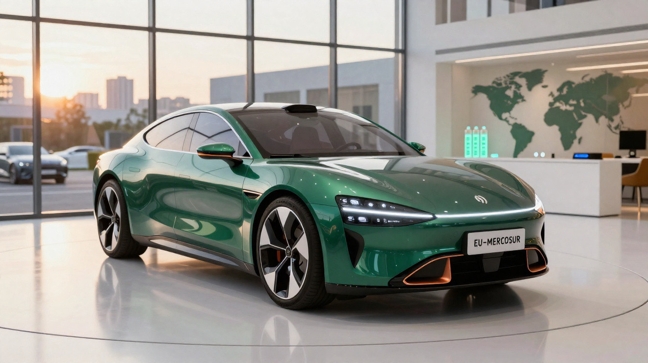 Carro esportivo elétrico verde em showroom moderno com grandes janelas e mapa mundi na parede.