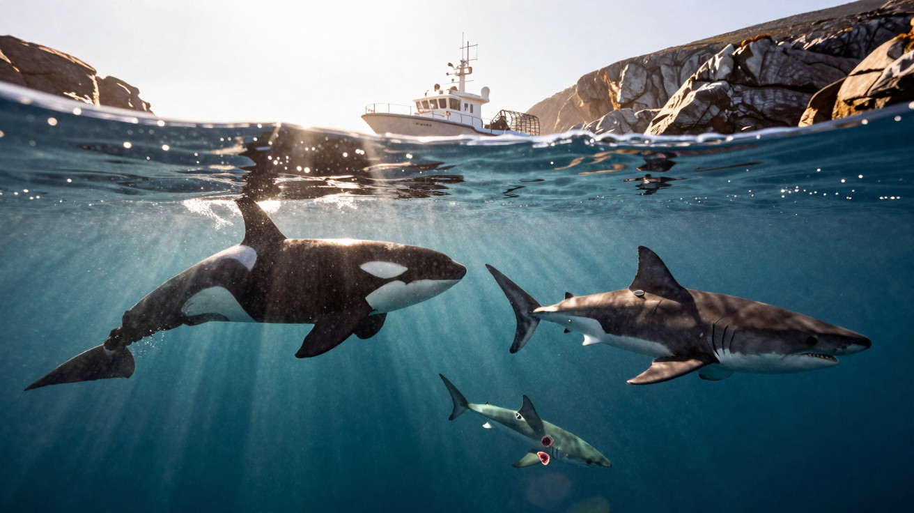 Orca e tubarões nadando juntos em águas profundas com um barco e rochas ao fundo sob luz solar.