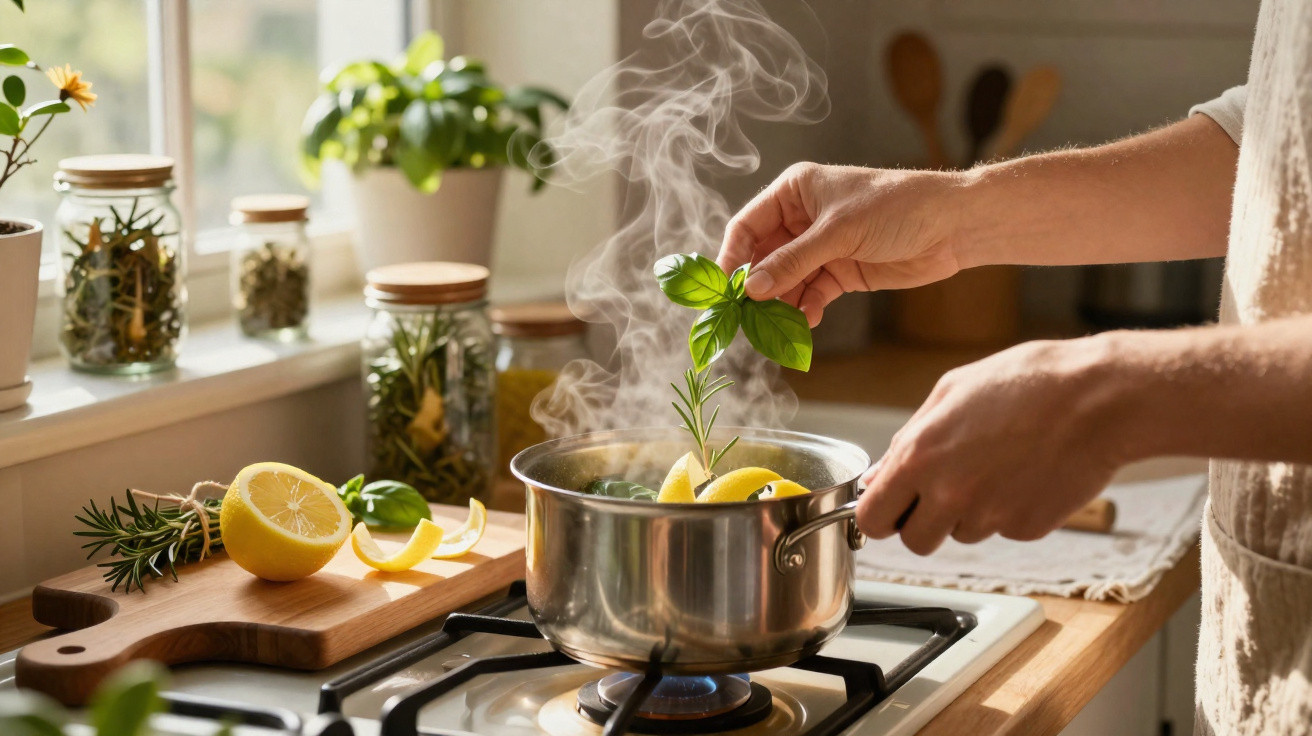 Pessoa adiciona ervas frescas em panela com limão sobre fogão a gás em cozinha iluminada natural.