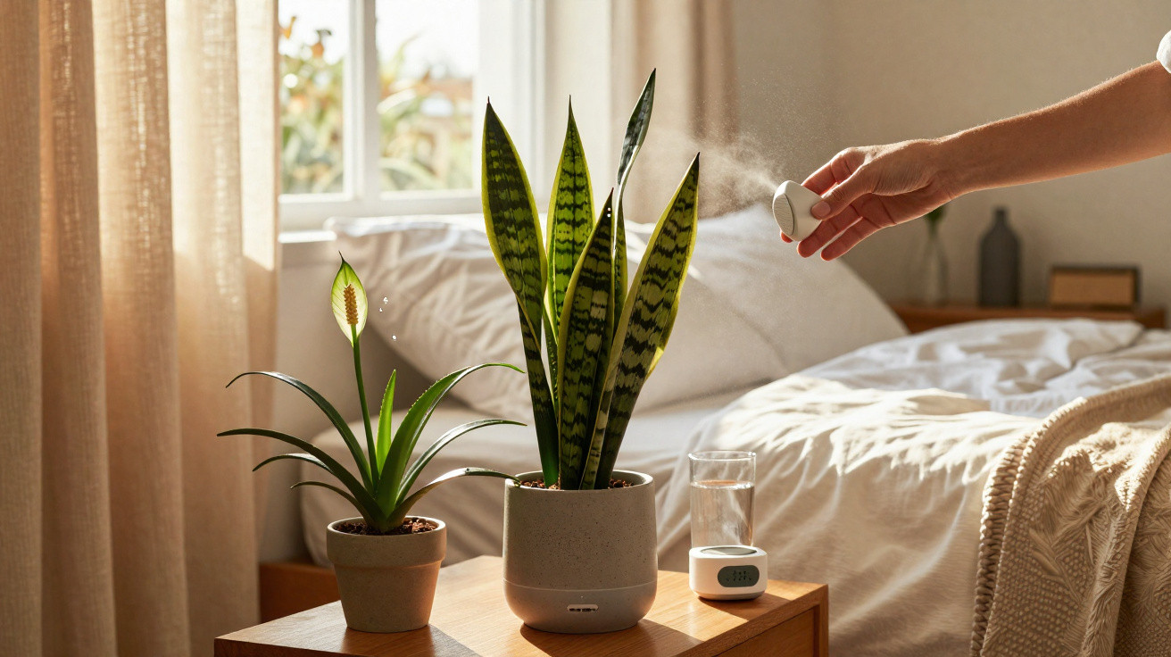 Mão borrifando água em plantas suculentas sobre mesa ao lado de cama em quarto iluminado pelo sol.