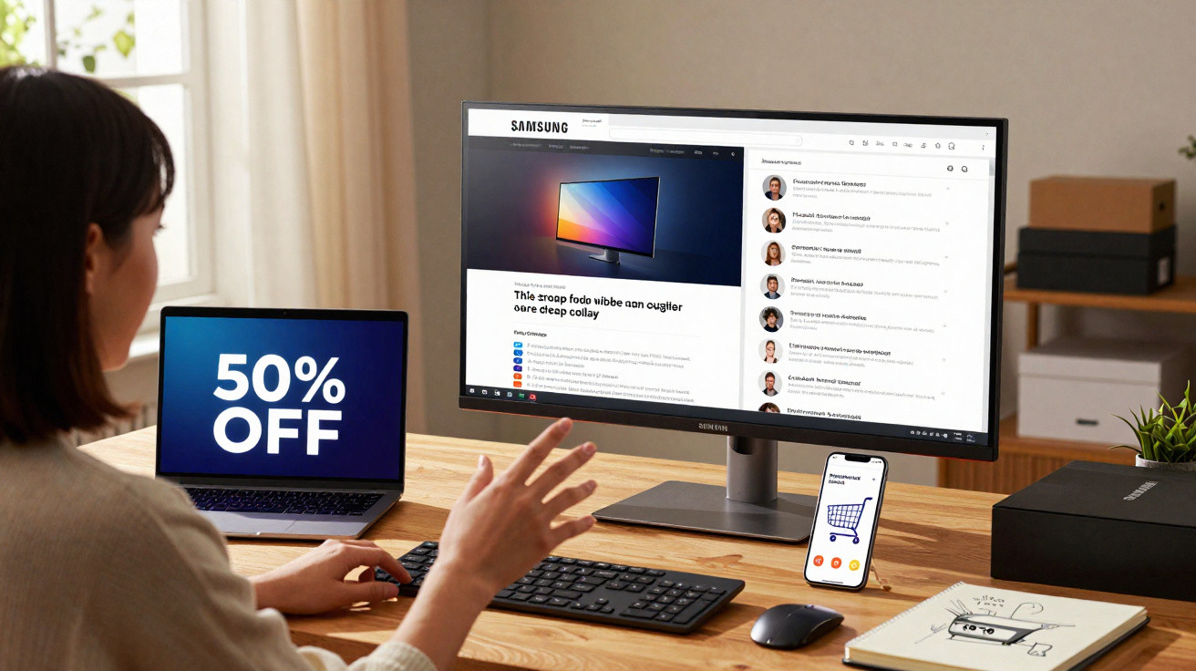 Pessoa usando computador e notebook com promoção de 50% de desconto em ambiente de trabalho organizado.