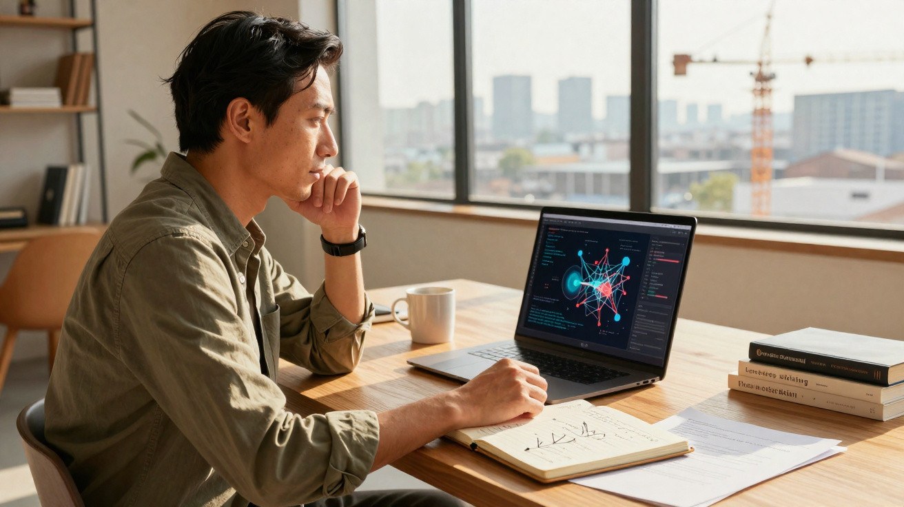 Homem olhando atentamente para gráfico de dados em laptop em ambiente de trabalho com mesa e janela grande.