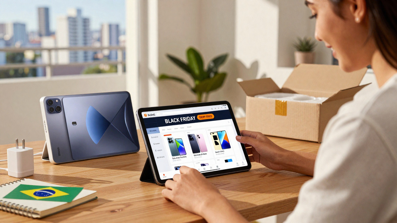 Pessoa comprando smartphones em tablet na promo Black Friday, mesa com tablet, carregador e caderno com bandeira do Brasil.