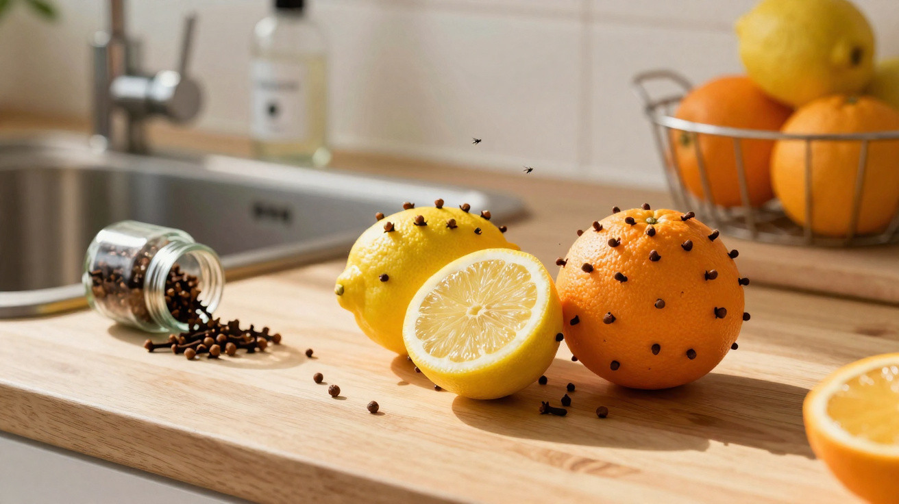 Limão e laranja com cravos espetados sobre bancada de cozinha iluminada pela luz natural.