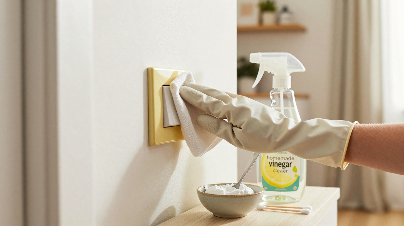 Mão com luva de borracha limpando interruptor de luz com pano, spray e bicarbonato em superfície próxima.