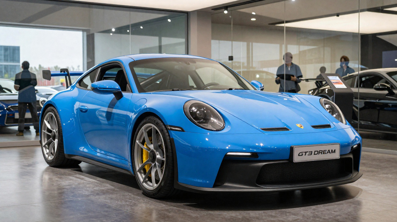 Carro esportivo Porsche GT3 Dream azul em exposição em showroom moderno com pessoas ao fundo.