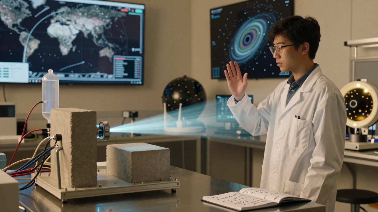 Cientista em jaleco observa projeção de luz em blocos de concreto em laboratório com mapas digitais.