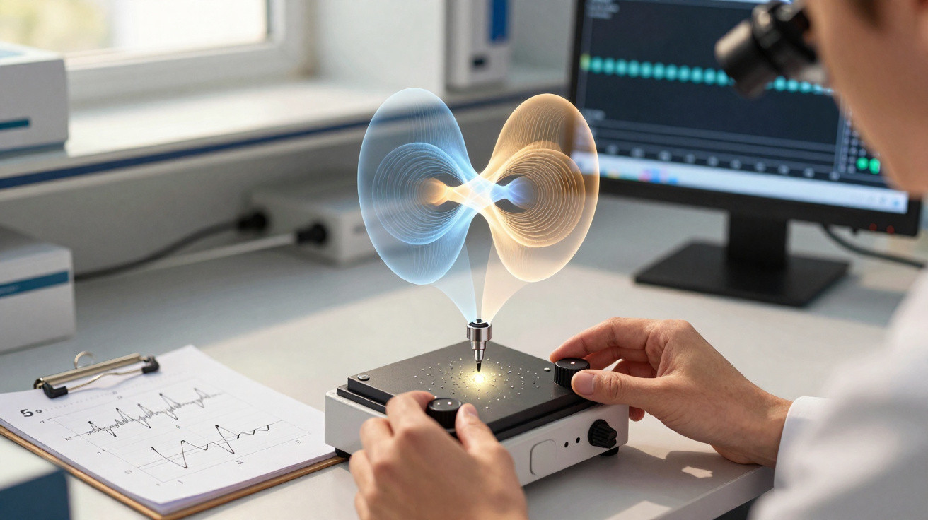 Mão operando equipamento científico com holograma de ondas e gráficos em tela de computador ao fundo.
