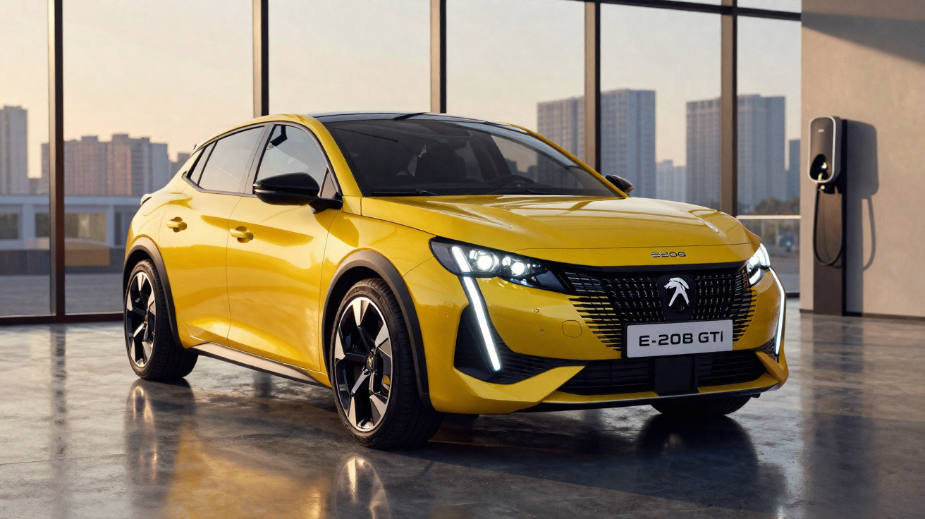 Carro elétrico Peugeot E-208 GTI amarelo estacionado em garagem moderna com grandes janelas.