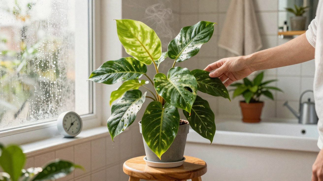 Planta verde em vaso cinza sobre banquinho de madeira numa cozinha, com mão ajustando folha.