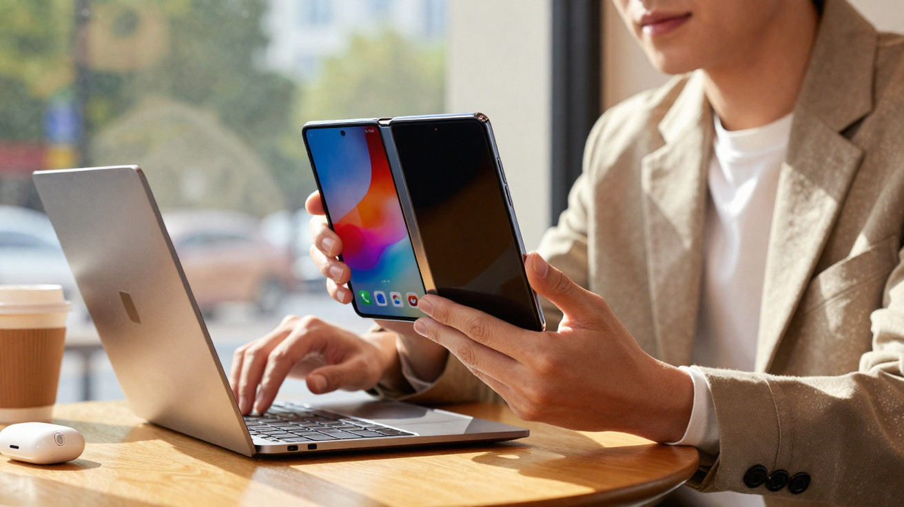 Pessoa usando smartphone dobrável e laptop em mesa de café com copo descartável e fone sem fio.