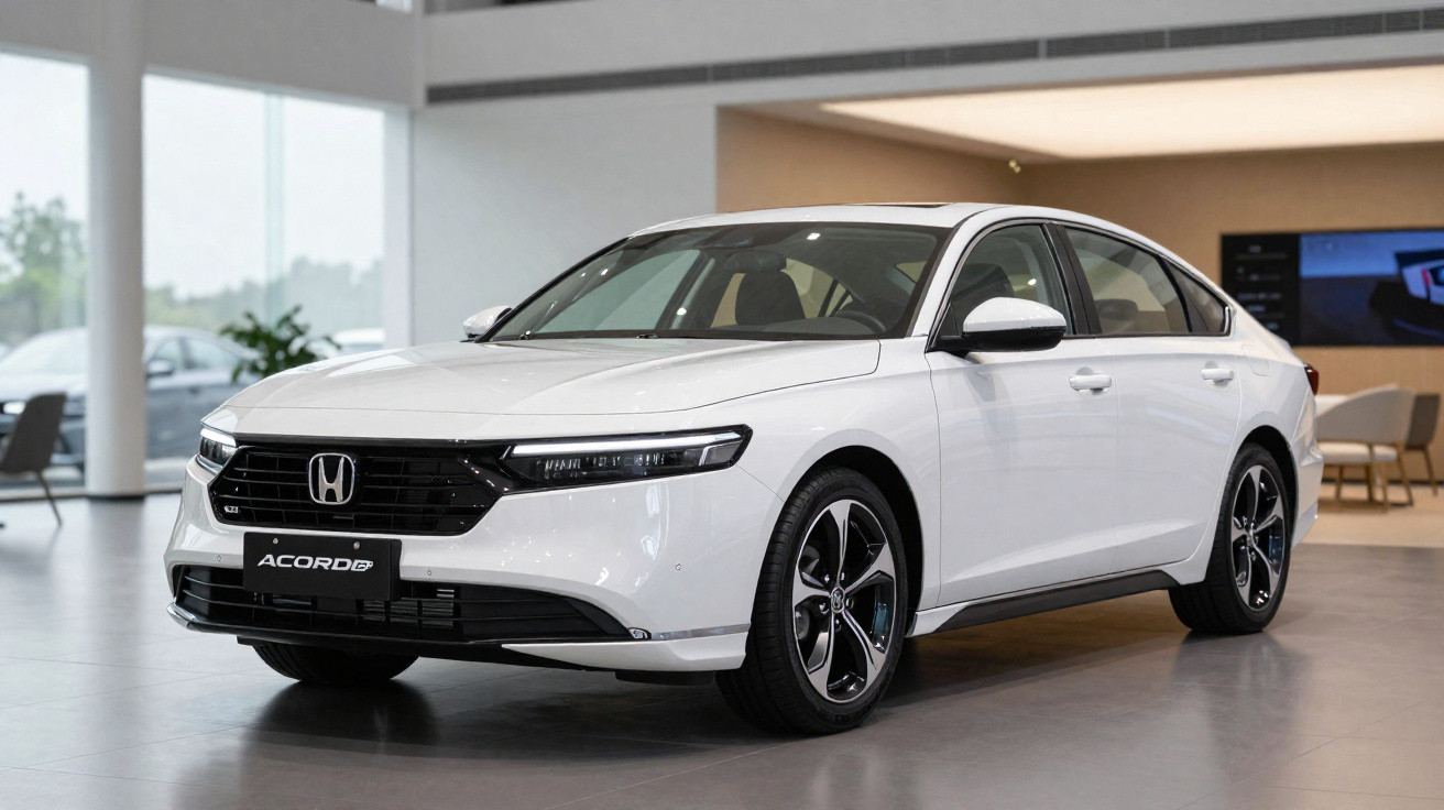 Carro branco Honda Accord sedan exibido em showroom moderno e iluminado.