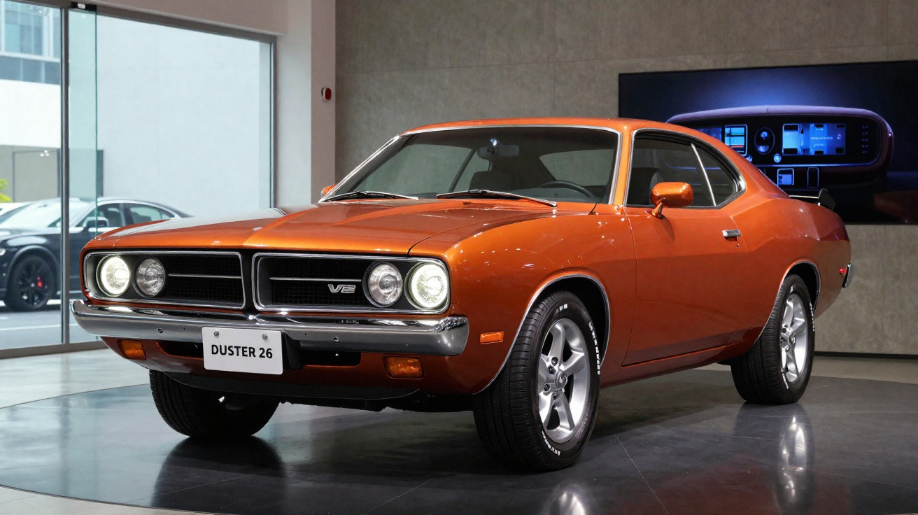 Carro clássico laranja Duster 26 V8 exposto em salão com piso reflexivo e paredes cinzas.