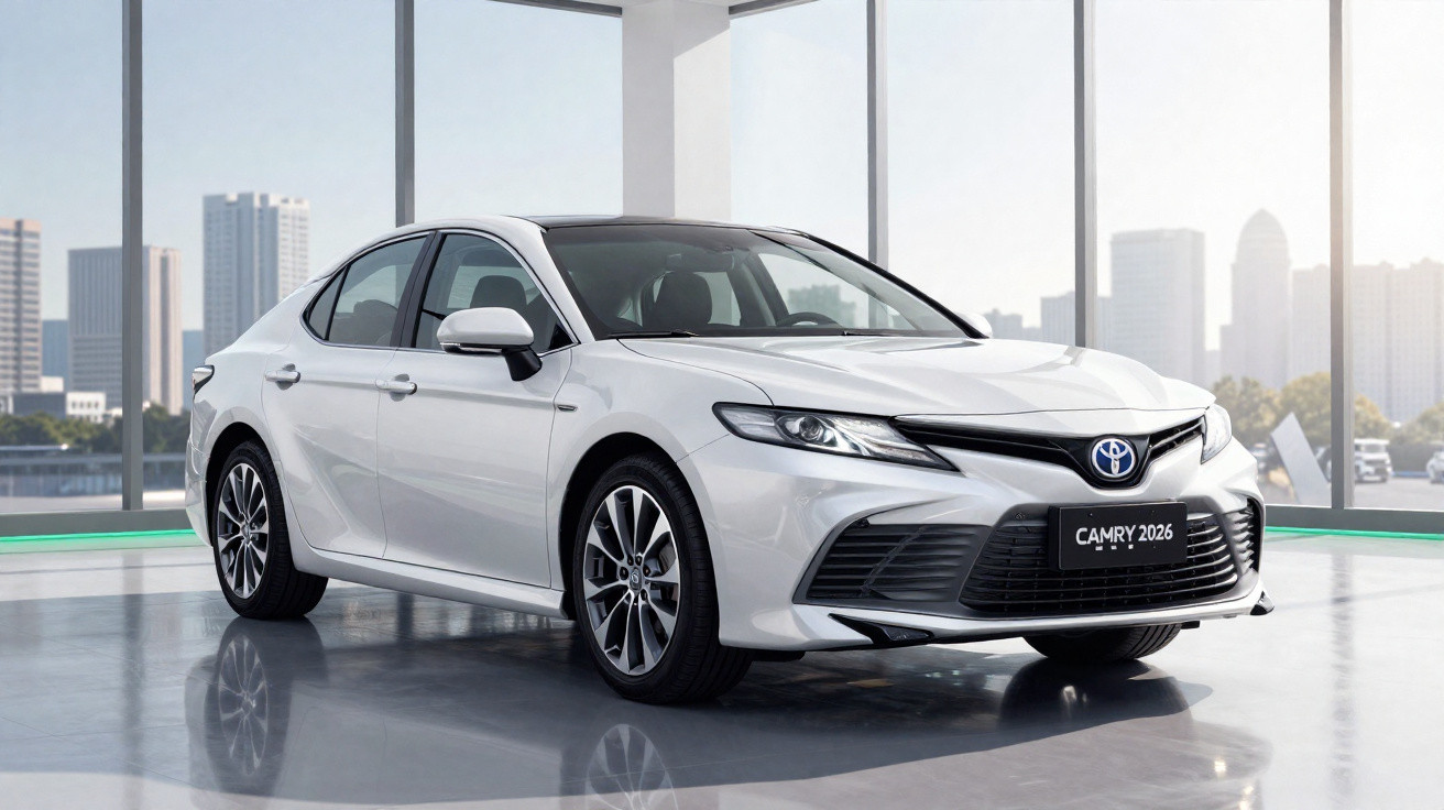 Carro Toyota Camry 2026 branco exibido em showroom moderno com janelas grandes e vista urbana ao fundo.