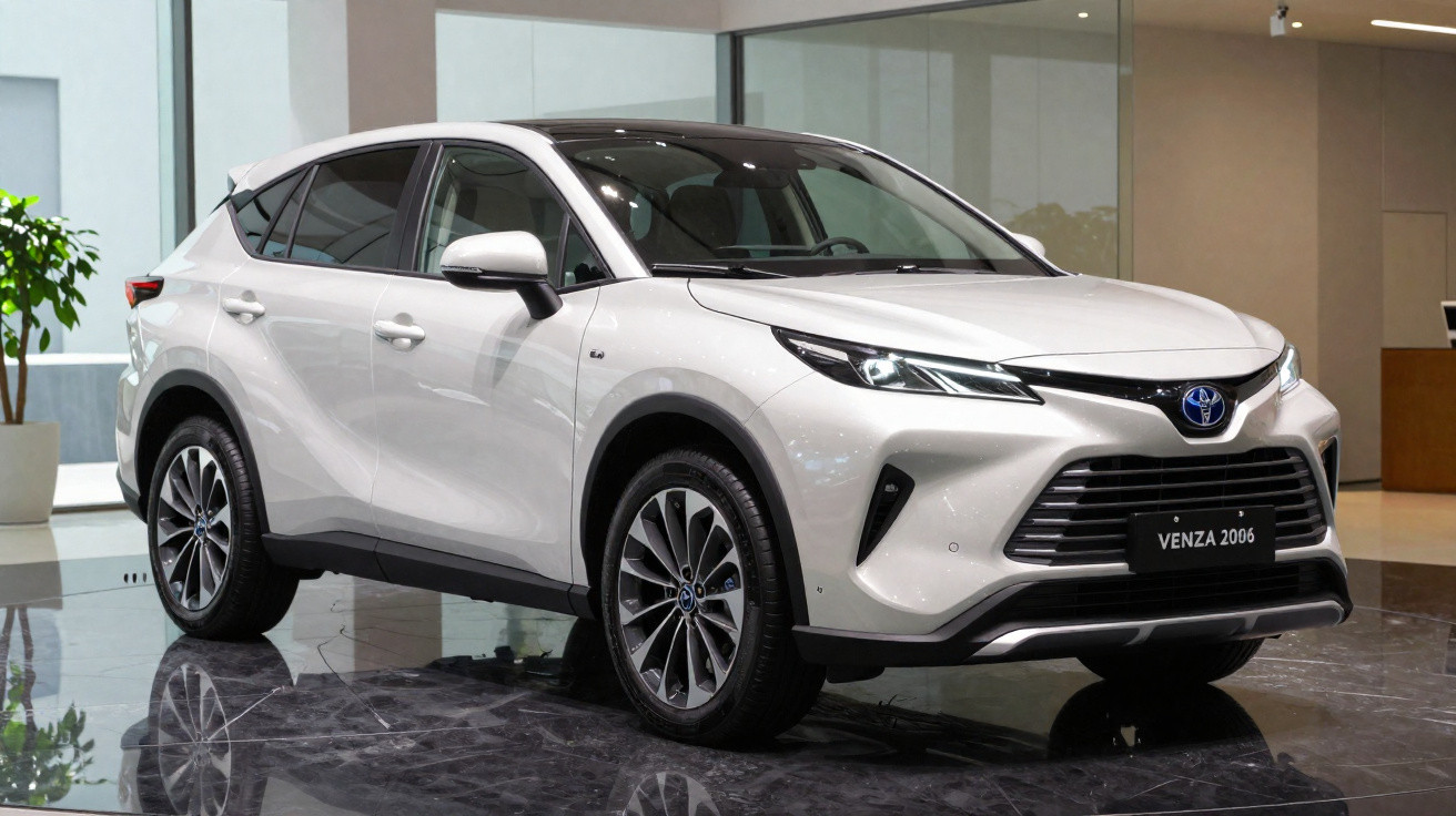 Carro SUV branco Toyota Venza 2026 em exposição interna com iluminação natural e piso refletivo.