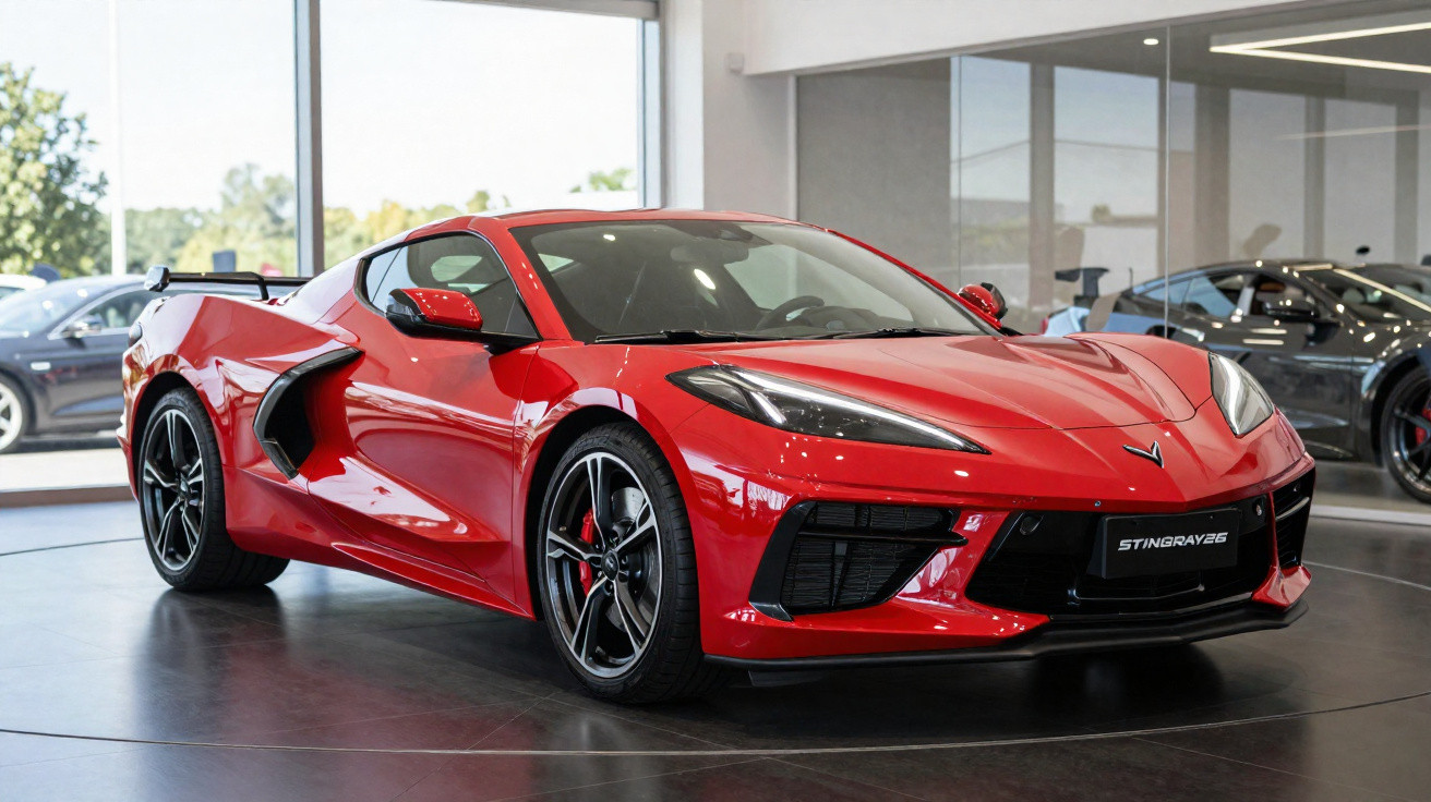 Carro esportivo vermelho Chevrolet Corvette Stingray 2023 em exposição interna, vista frontal lateral direita.