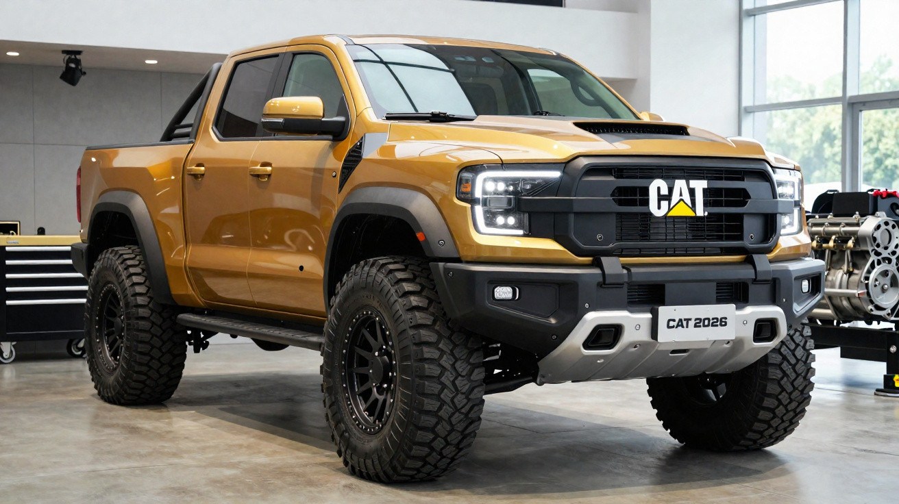 Picape amarela CAT 2026 em exposição interna com pneus off-road e detalhes em preto.