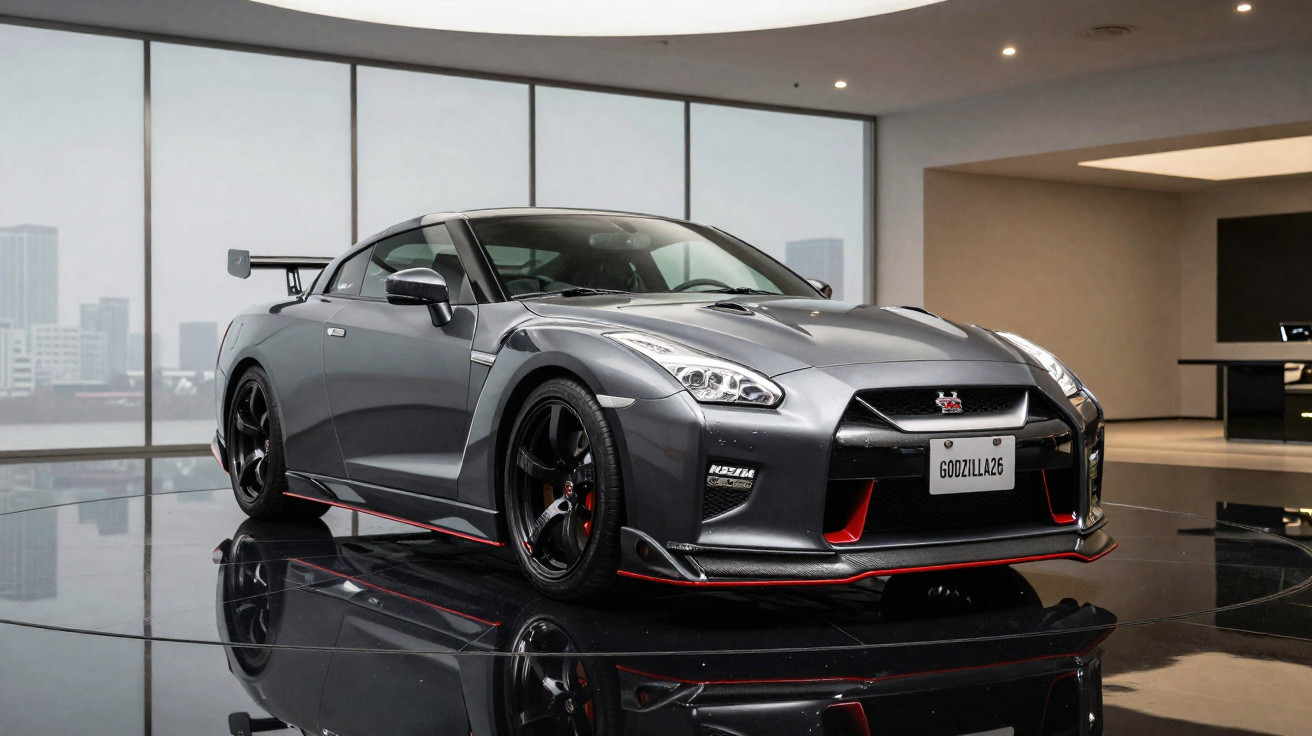 Carro esportivo cinza Nissan GT-R estacionado em ambiente interno moderno com piso espelhado.