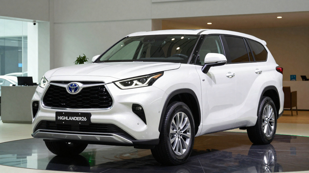 SUV Toyota Highlander branco exibido em showroom moderno com piso preto brilhante.