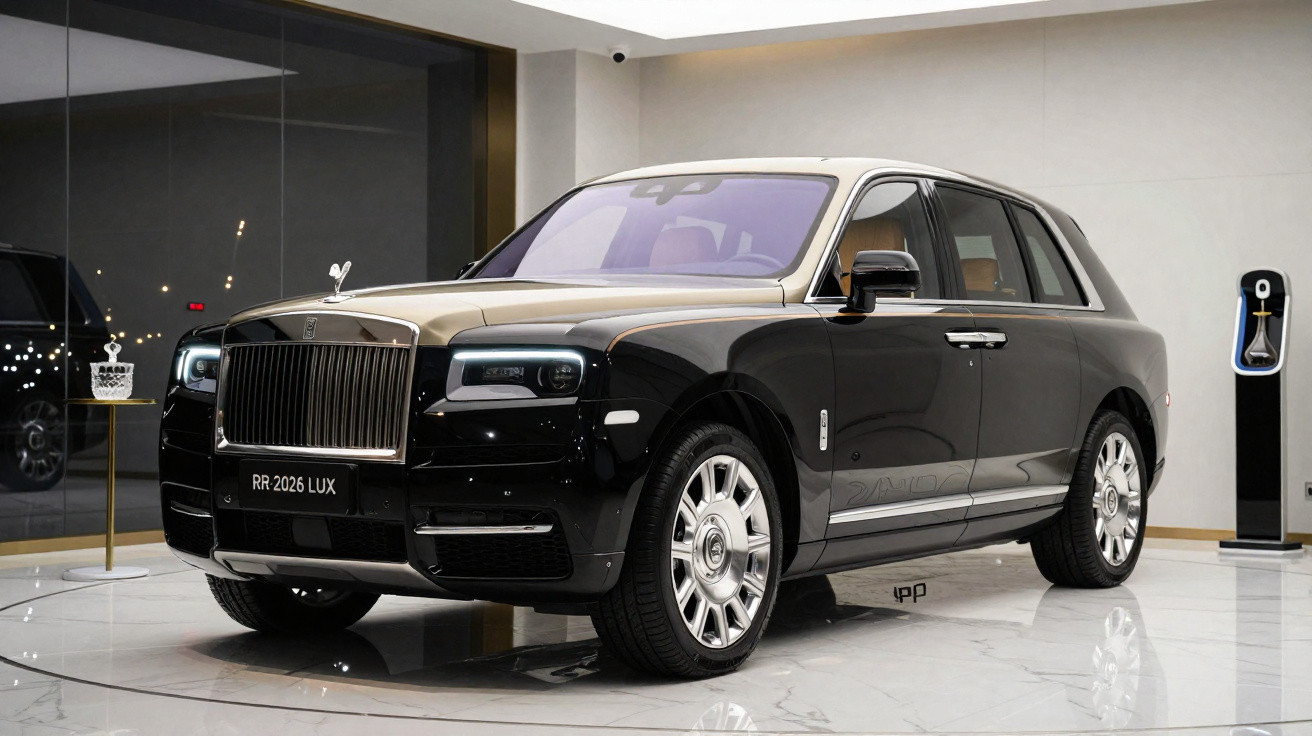 Carro SUV Rolls-Royce preto com teto dourado exibido em showroom luxuoso com piso de mármore branco.