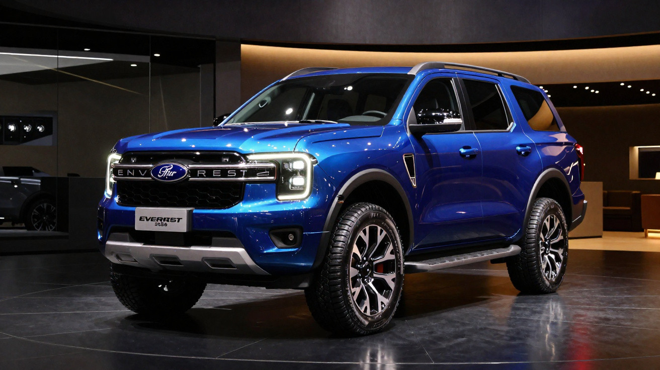 SUV Ford Everest 2023 na cor azul, destaque para faróis de LED e rodas esportivas em ambiente interno.