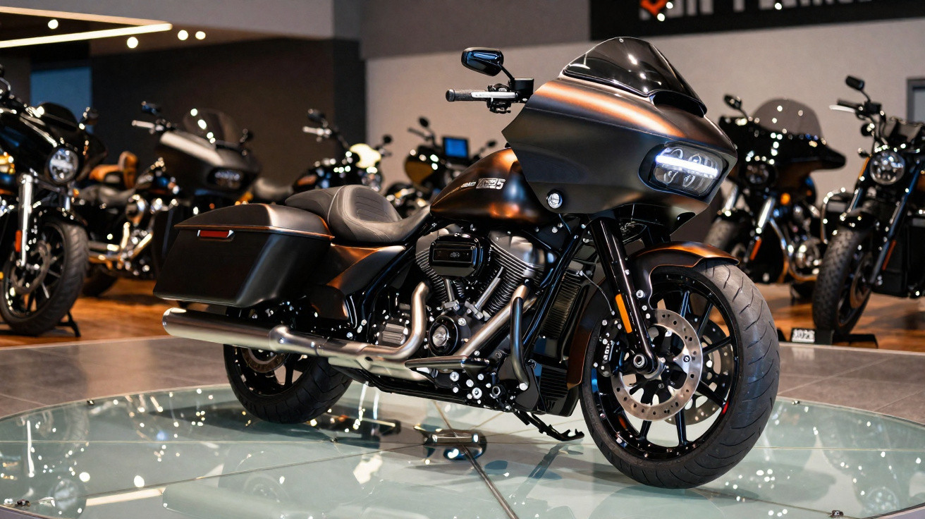Motocicleta preta exposta em showroom com design moderno e farol dianteiro em LED.