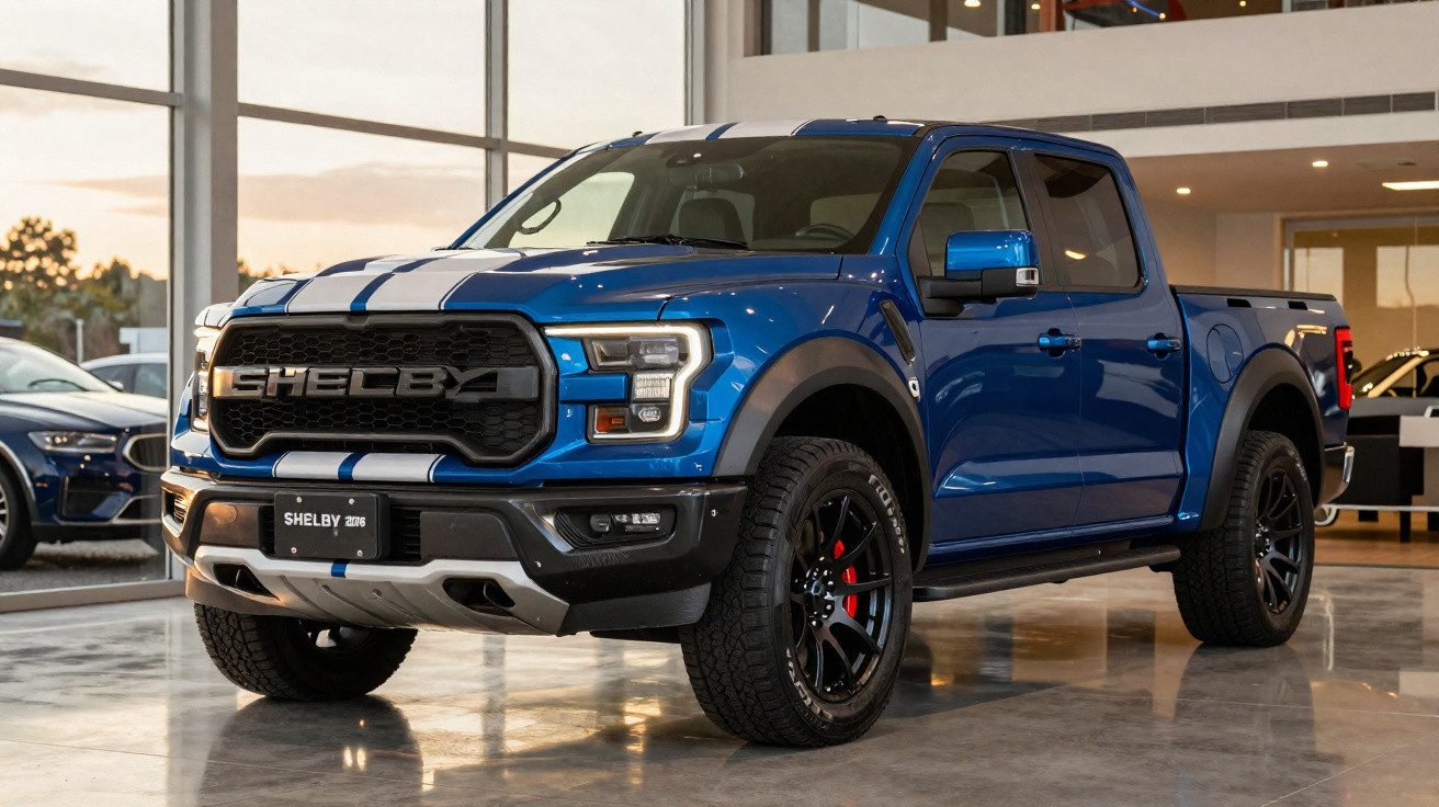 Picape azul Shelby 2026 com detalhes pretos e faixas brancas exposta em showroom moderno.