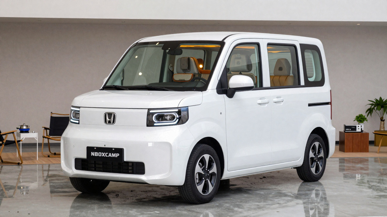 Carro elétrico Honda N-BOX CAMP branco estacionado em ambiente interno moderno.