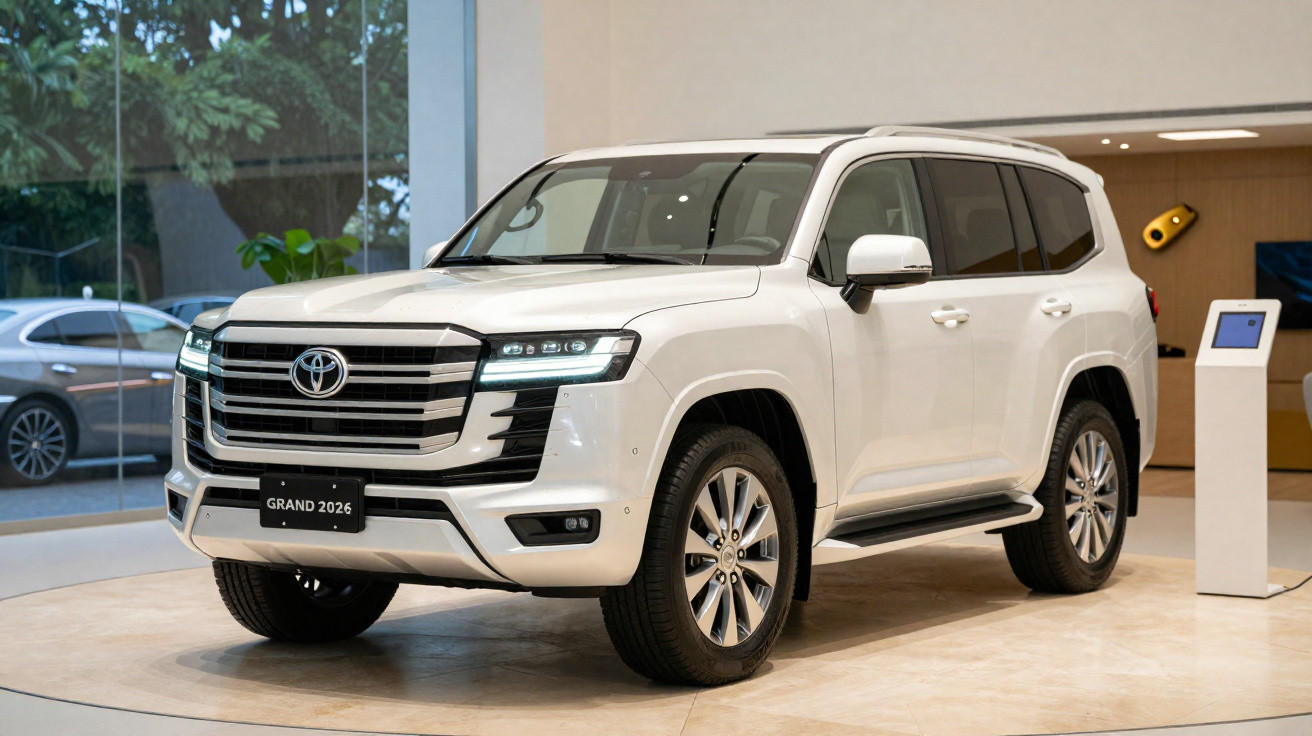 Carro SUV branco Toyota Grand 2026 exposto em ambiente interno moderno.