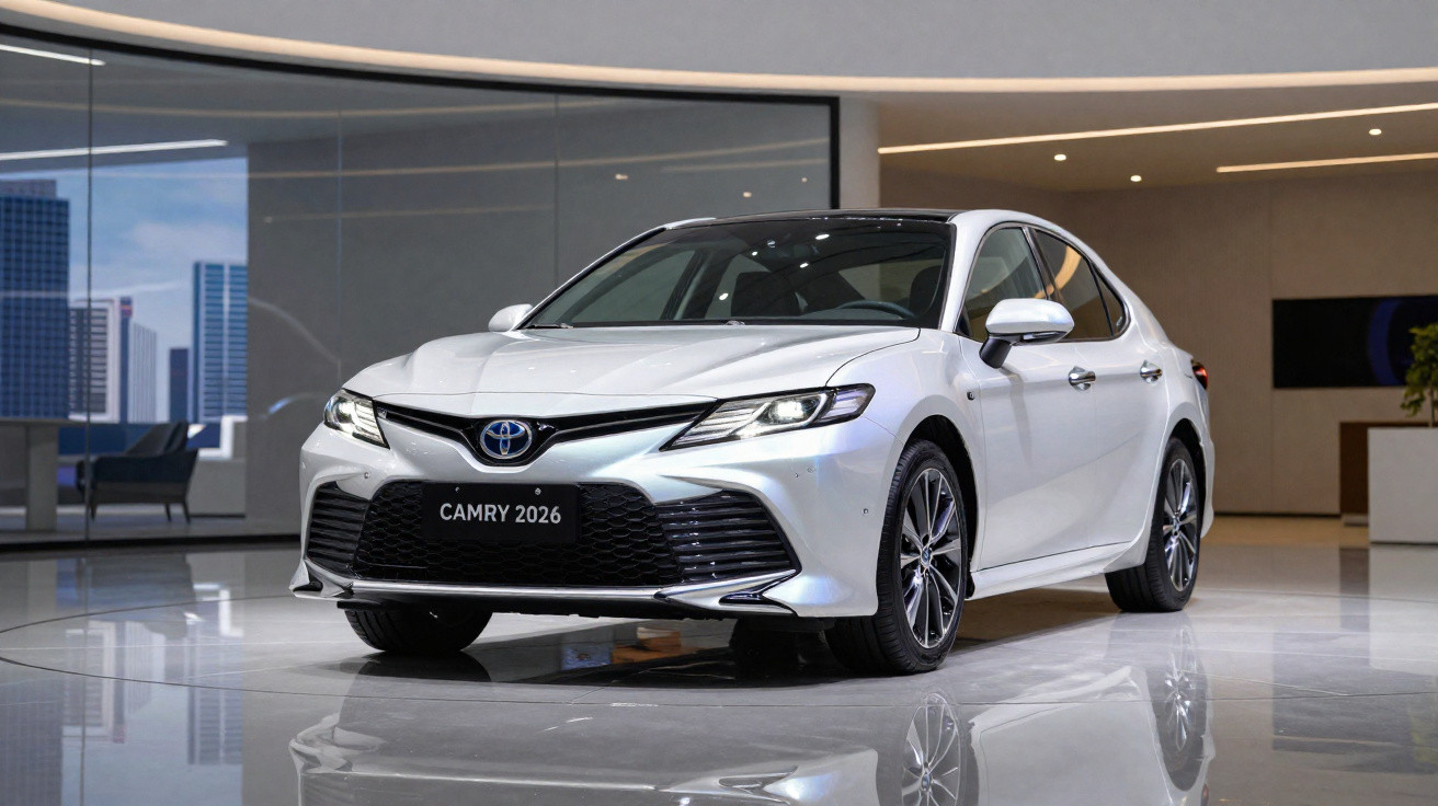 Sedan branco Toyota Camry 2026 exibido em salão moderno com piso de vidro refletivo.