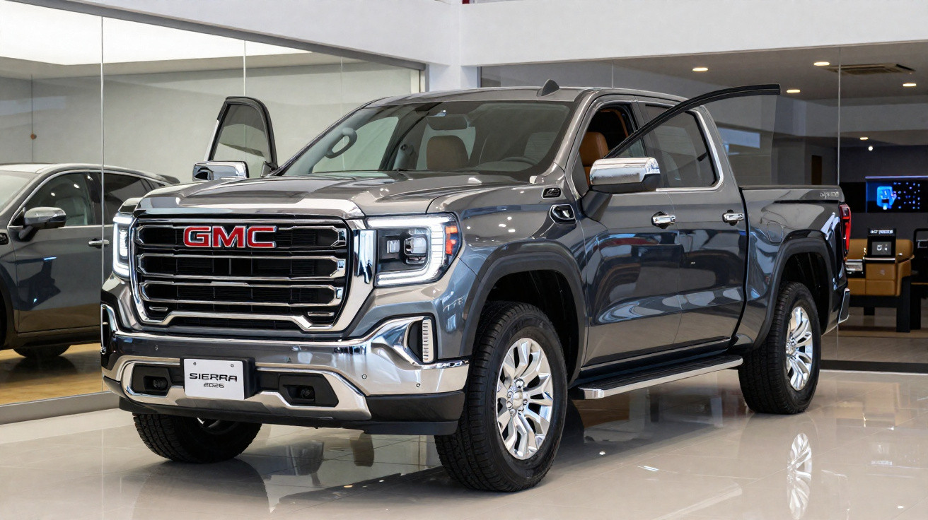 Picape cinza GMC Sierra 2023 em showroom com porta dianteira aberta.