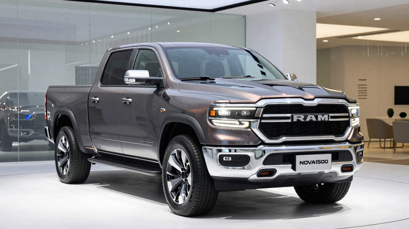 Picape RAM 1500 cinza exposta em ambiente interno moderno, com iluminação clara.