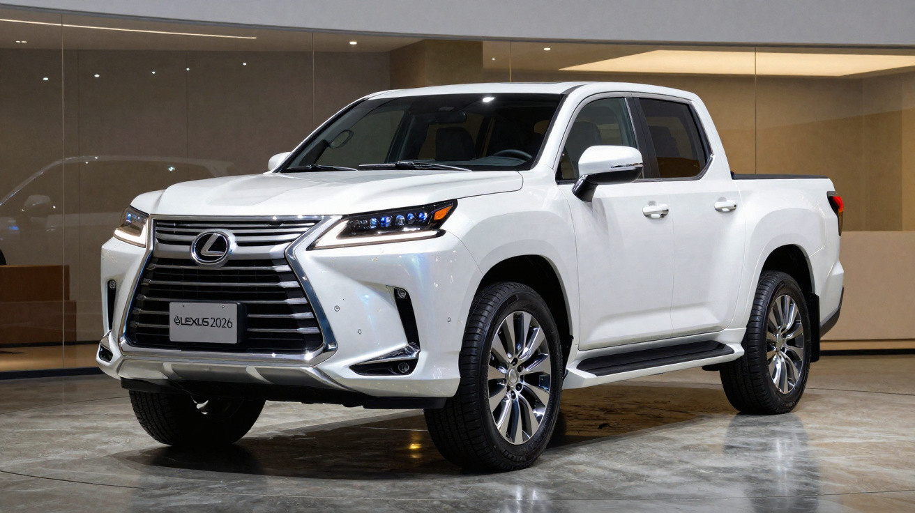 Picape branca Lexus 2026 estacionada em ambiente interno com paredes de vidro.