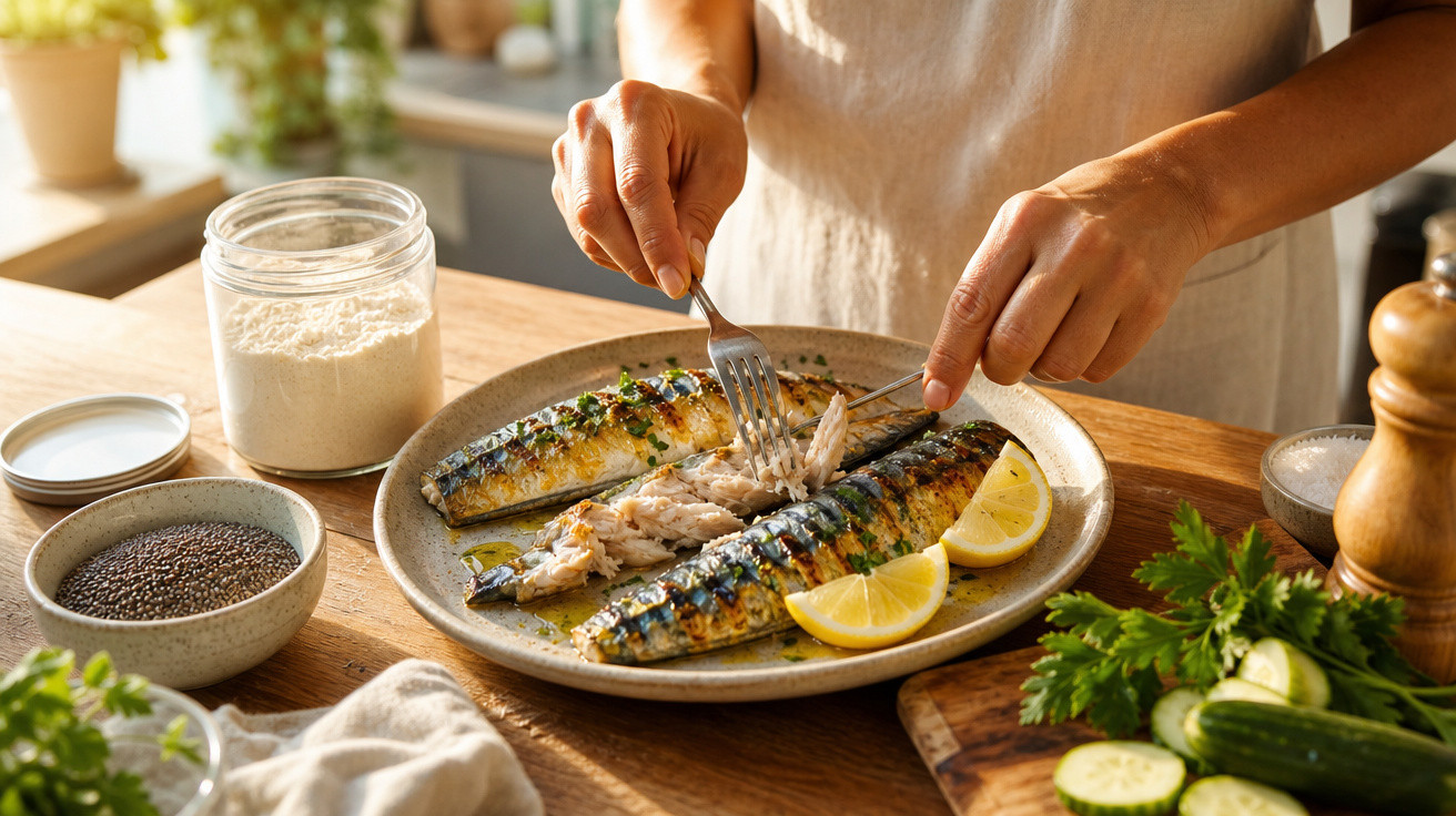 Pessoa desfiando peixe grelhado com limão em prato, em cozinha com temperos e legumes ao redor.