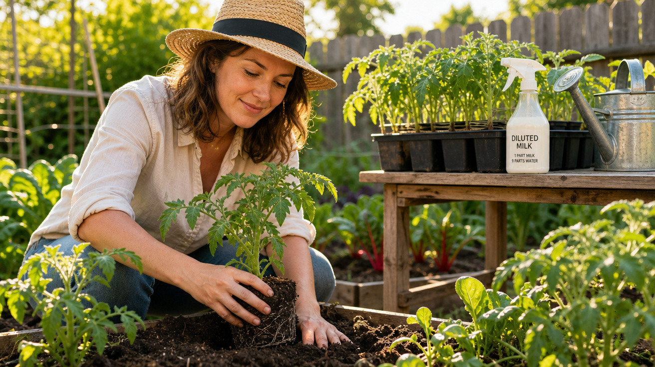 Mulher com chapéu plantando muda de tomateiro em jardim, com regador e pulverizador ao fundo.