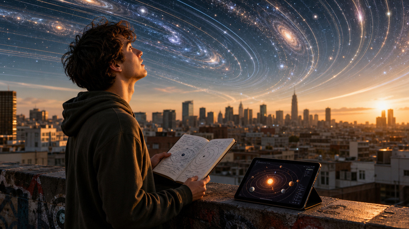 Jovem observa o céu estrelado com galáxias ao redor, segurando caderno com desenhos de planetas.