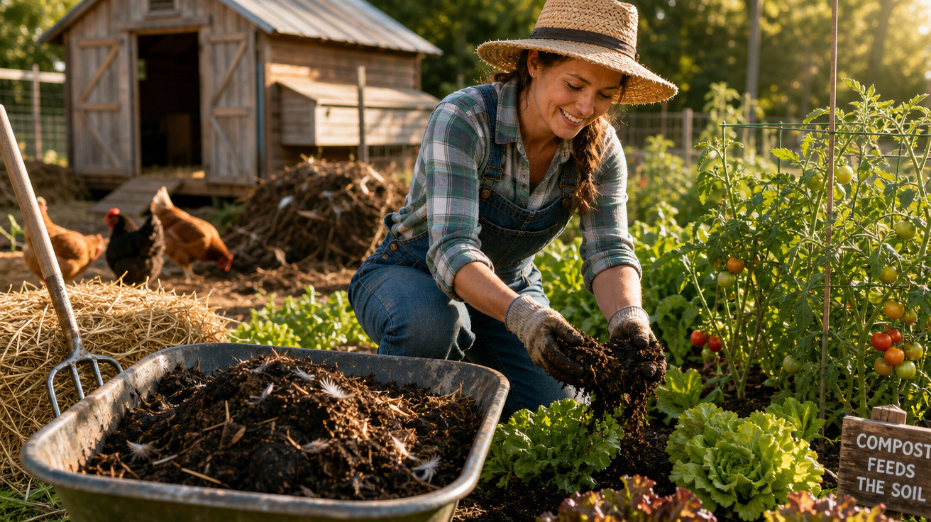 Mulher com chapéu cultivando horta orgânica, ao lado de compostagem e galinhas no fundo.