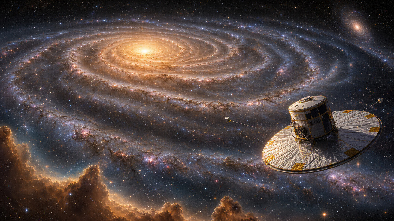 Nave espacial explorando uma galáxia espiral iluminada com estrelas e nuvens cósmicas ao fundo.