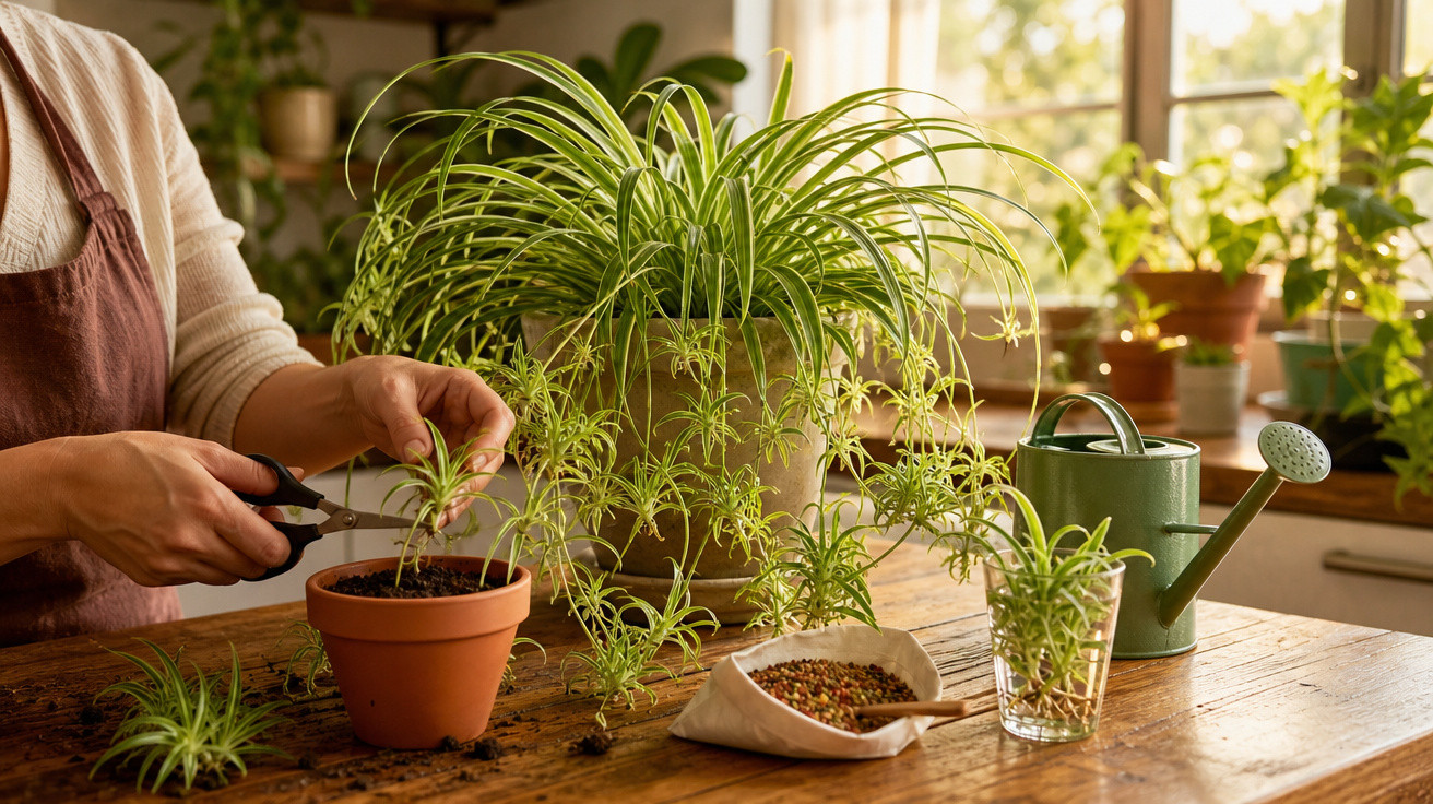 Pessoa cuidando de plantas em vaso, cortando folhas secas, em ambiente interno com iluminação natural.