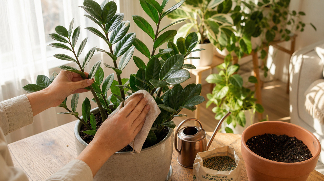 Pessoa limpando folhas de planta em vaso dentro de casa com regador e vaso vazio ao lado.