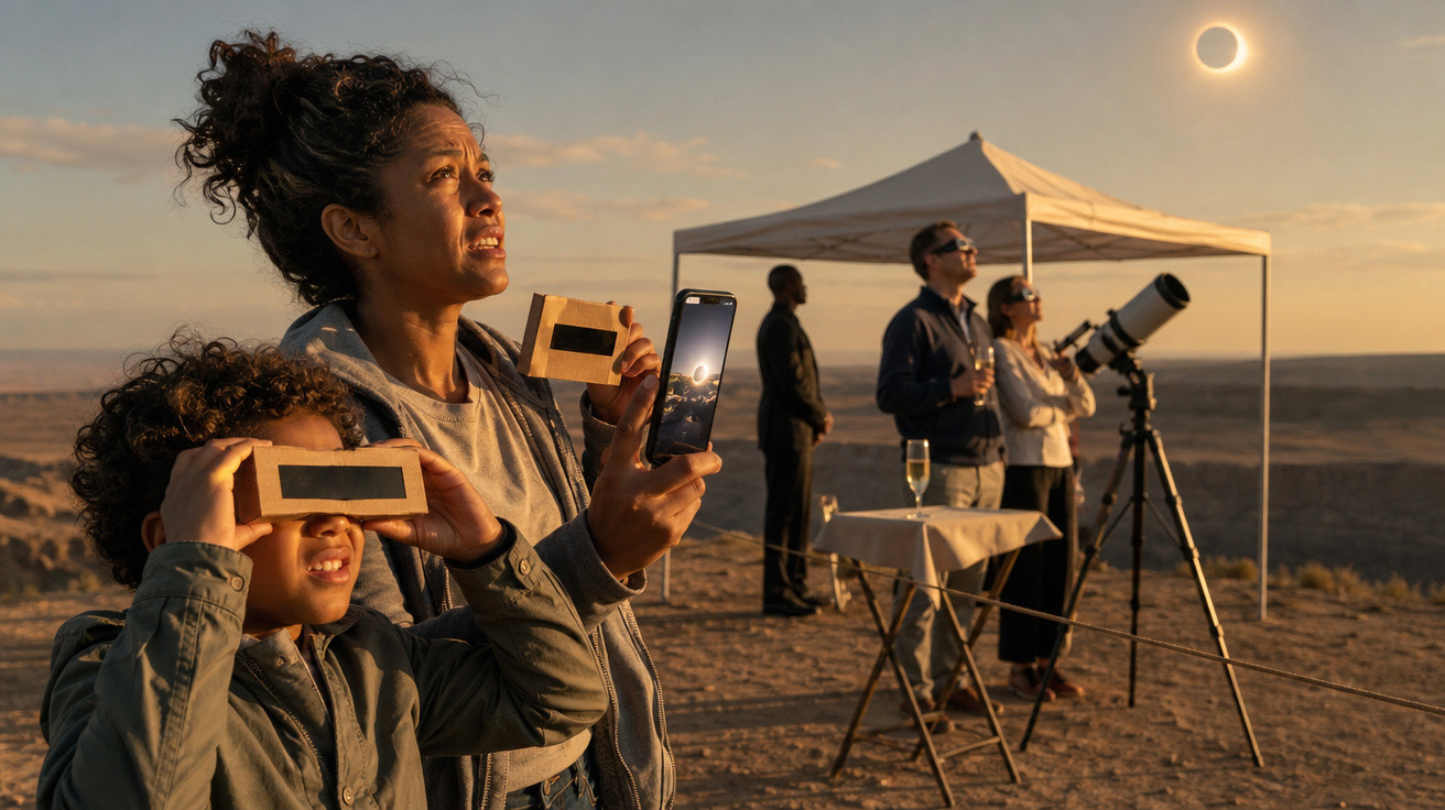 Pessoas observando eclipse solar com óculos especiais e telescópio em área aberta ao entardecer.