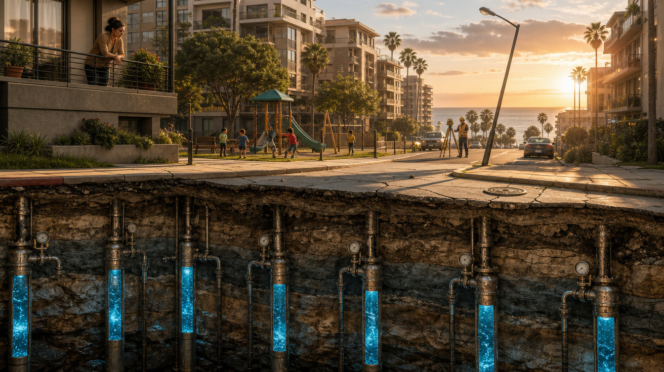 Rua urbana à tarde com crianças em parque e encanamentos subterrâneos transparentes mostrando fluxo de água azul.