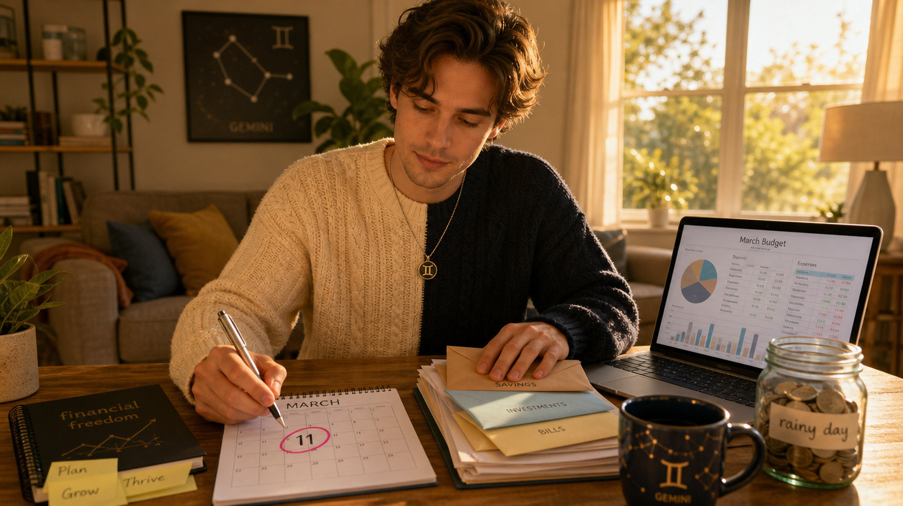 Homem sentado em mesa organizando finanças com calendário, computador, livros e frasco de moedas em luz natural.