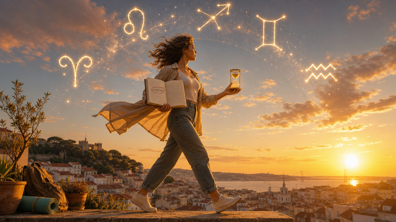 Mulher caminhando ao pôr do sol com ampulheta e livro, signos zodiacais brilhando no céu.